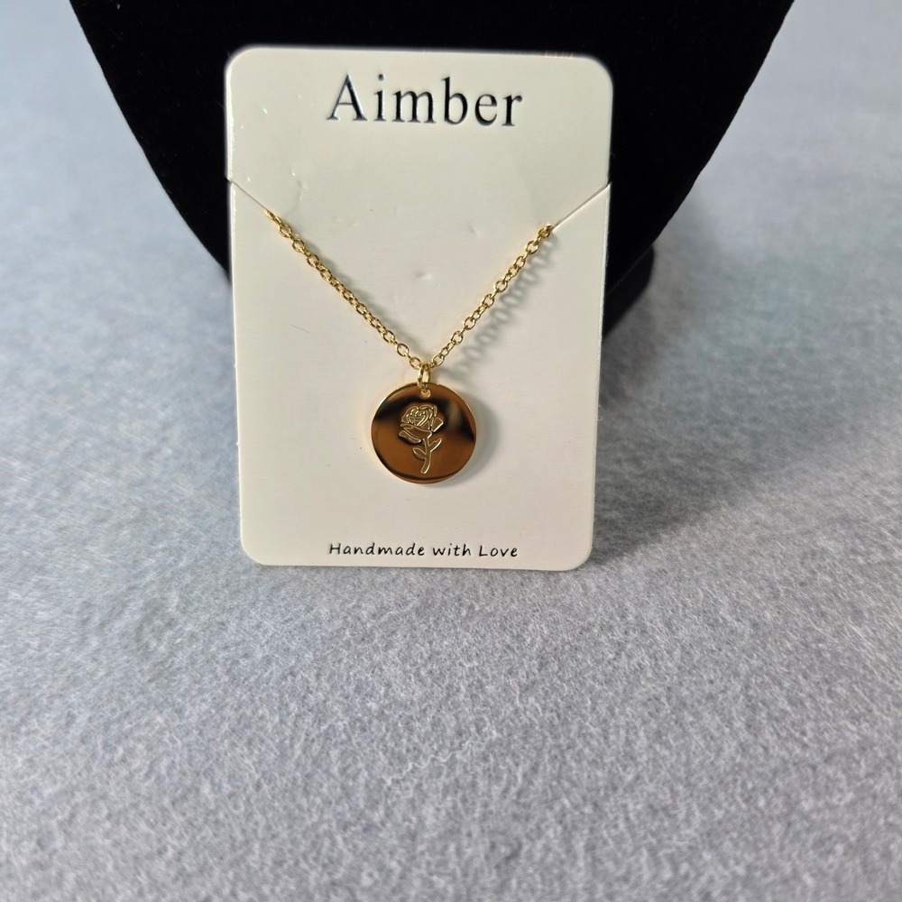 Aimber Gold Rose Pendant Necklace Floral Medallion Disc Boho Botanical